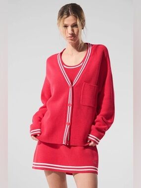 Alo Tennis Club Sweater Knit Cardigan in Candy Red/White 🎾 • Size S